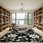 Monochrome Botanical Floral Black Backdrop Rug