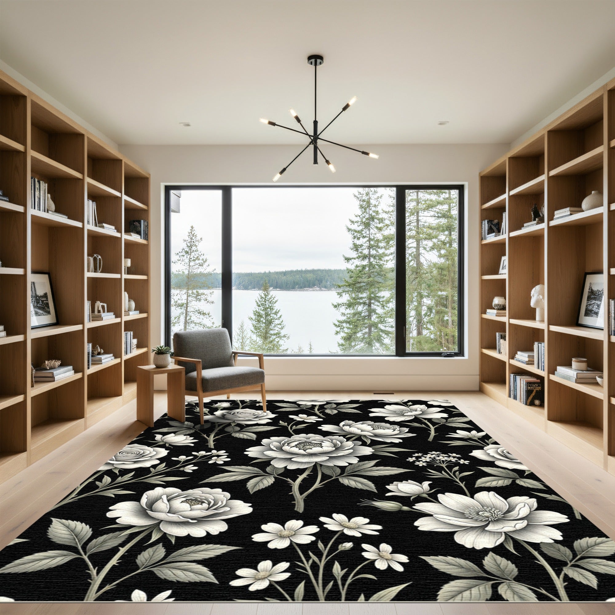 Monochrome Botanical Floral Black Backdrop Rug