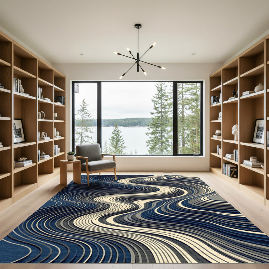 Modern Abstract Wavy Navy Cream Swirl Rug