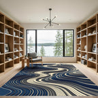 Modern Abstract Wavy Navy Cream Swirl Rug