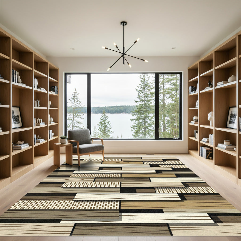 Neutral Wood Plank Patchwork Texture Rug