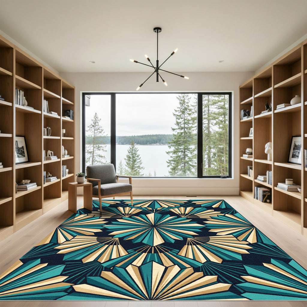 Teal Gold Art Deco Fan Rug