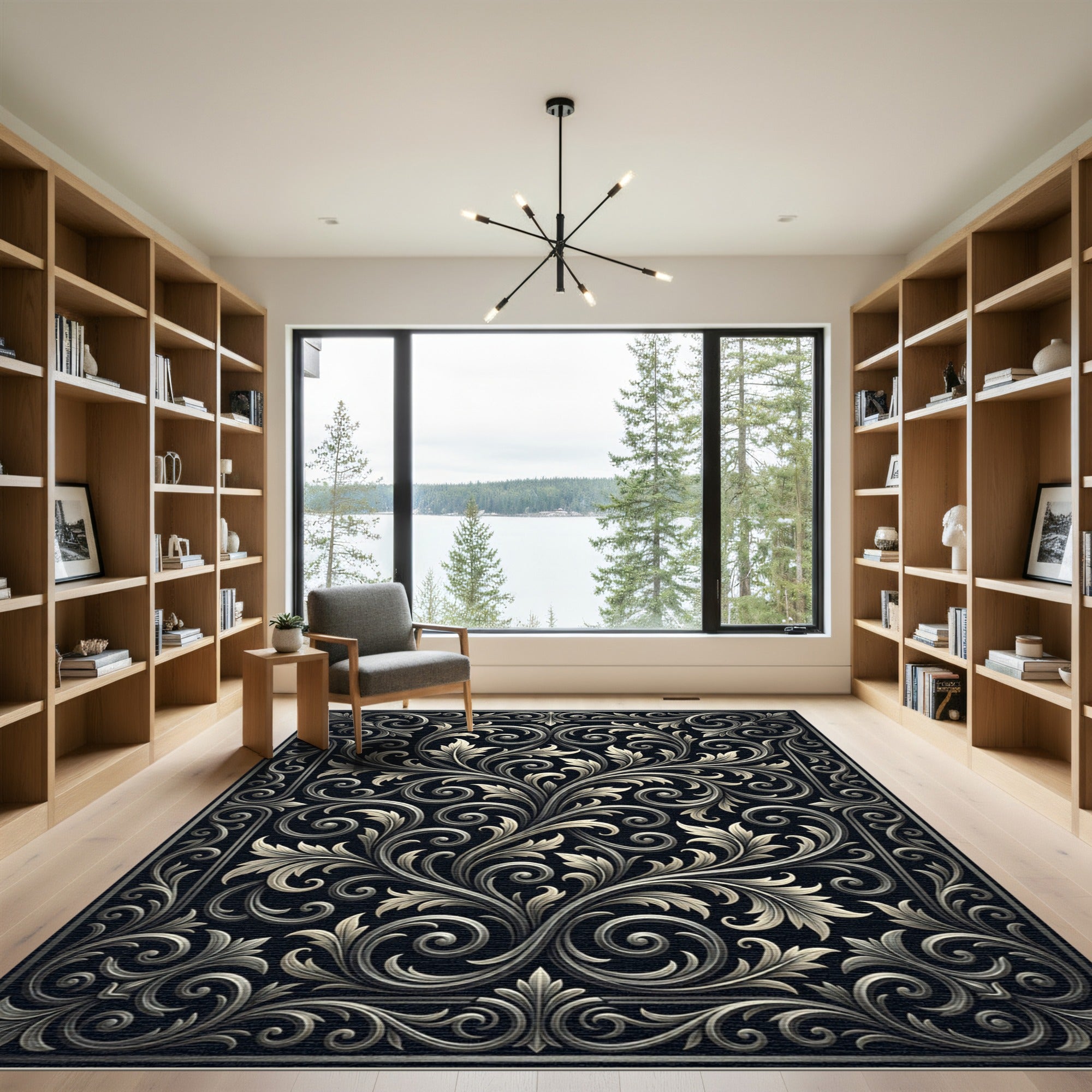 Ornate Black Floral Scrollwork Rug
