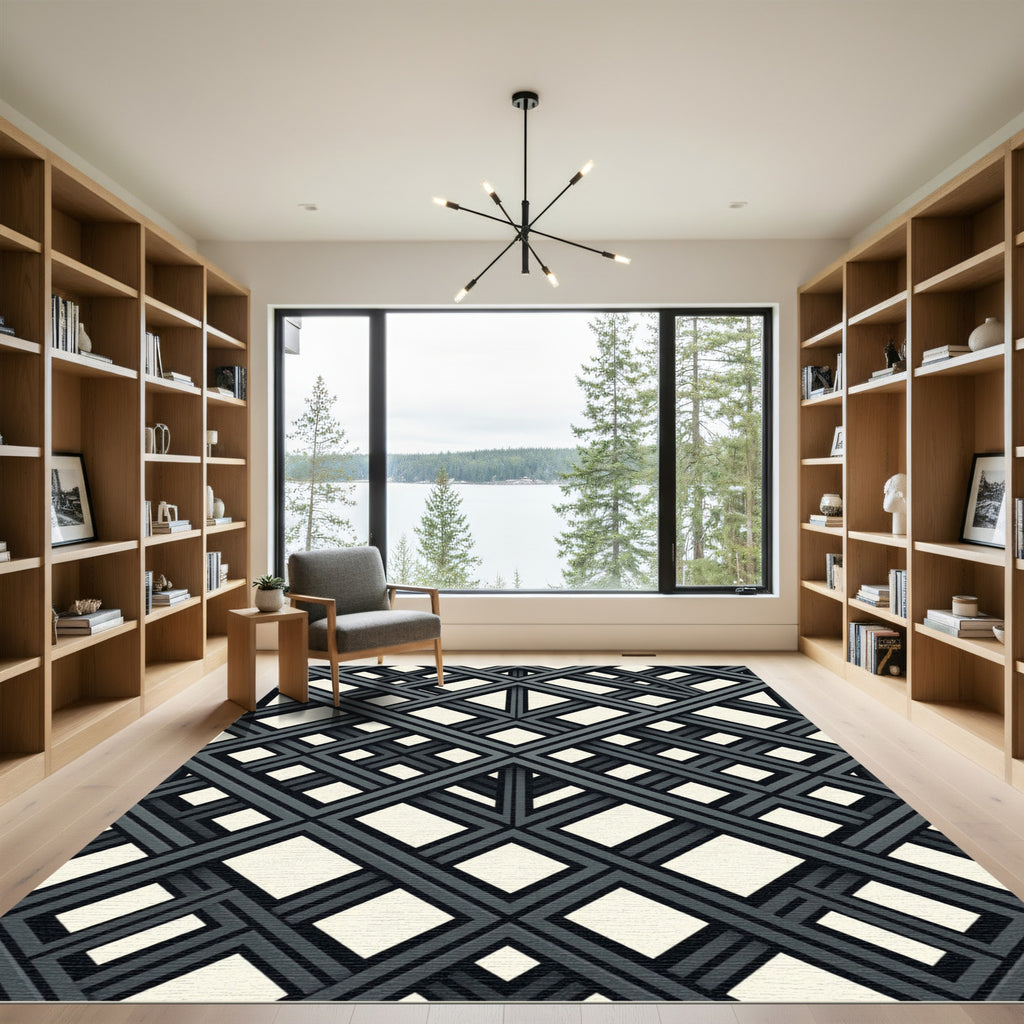 Monochrome Geometric Intersecting Linear Grid Rug