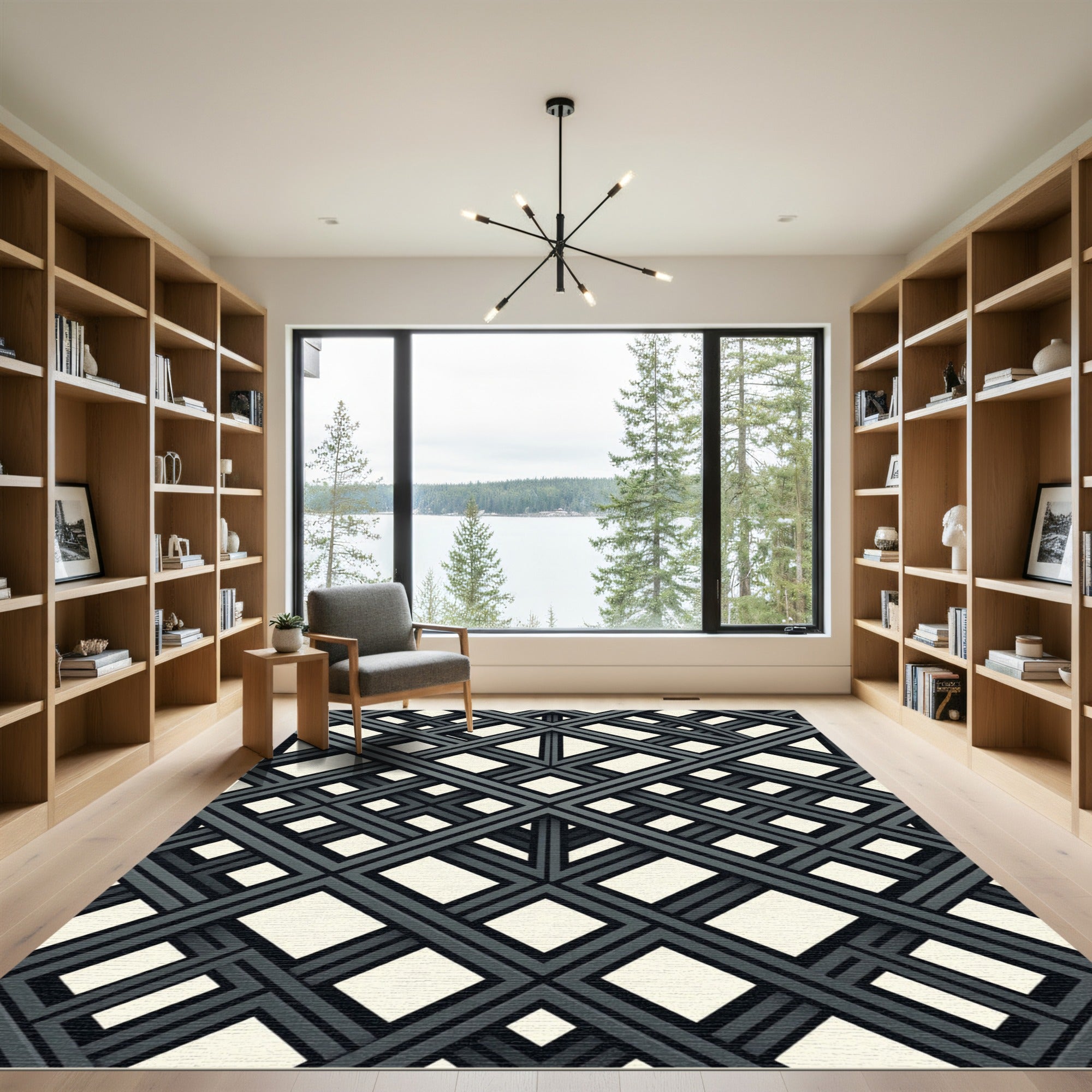 Monochrome Geometric Intersecting Linear Grid Rug