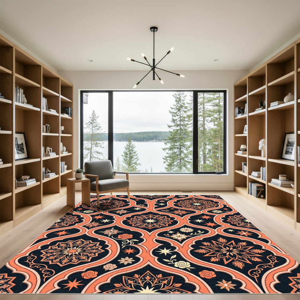 Coral And Navy Arabesque Medallion Rug