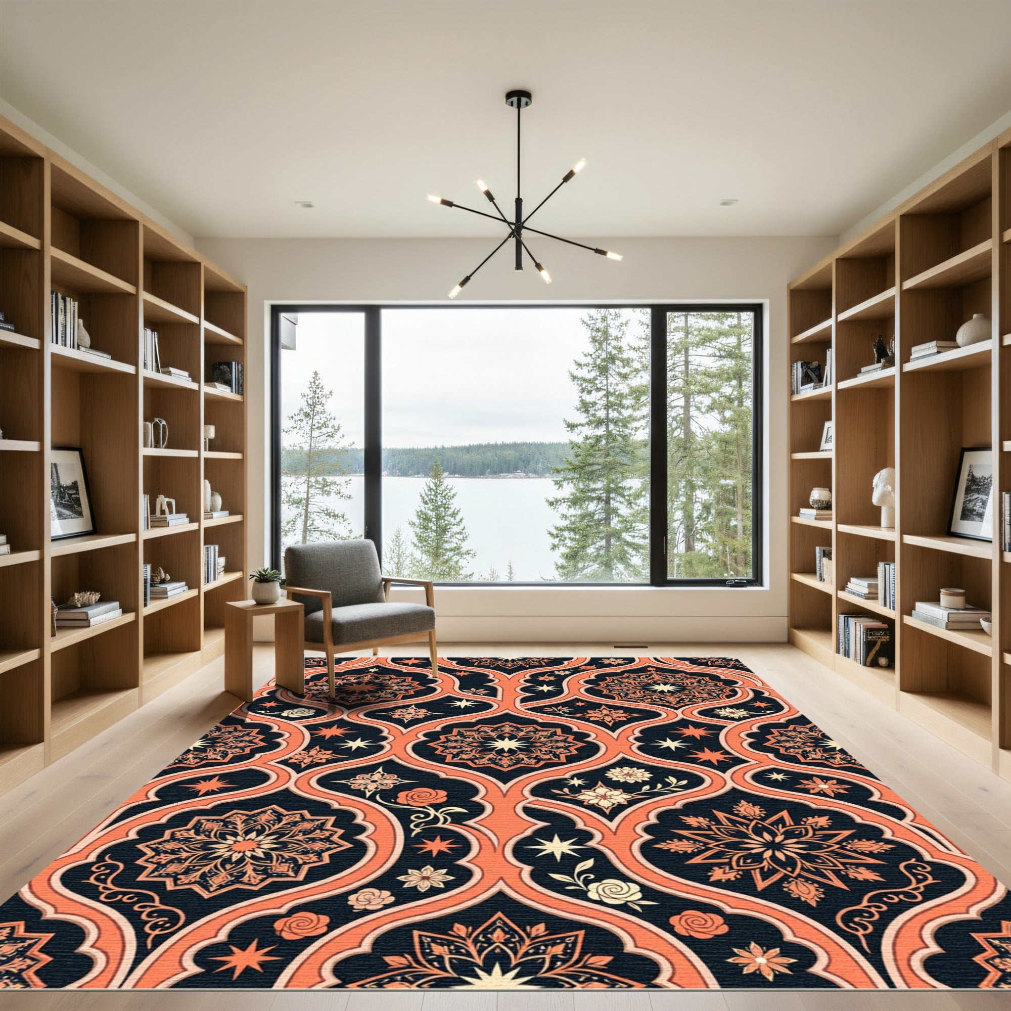 Coral And Navy Arabesque Medallion Rug