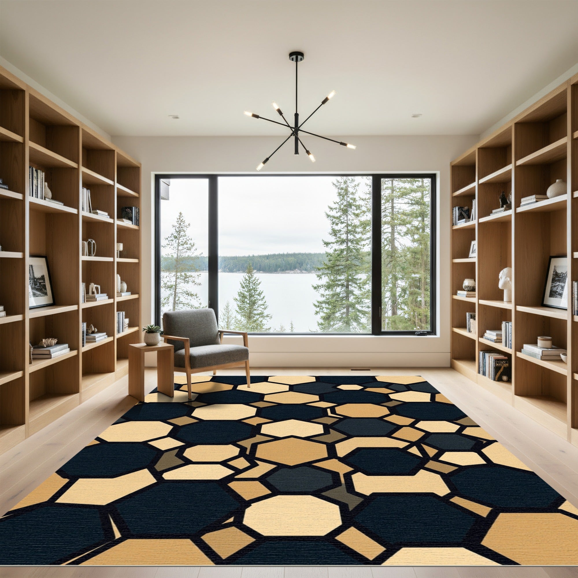Modern Geometric Black and Gold Hexagon Rug