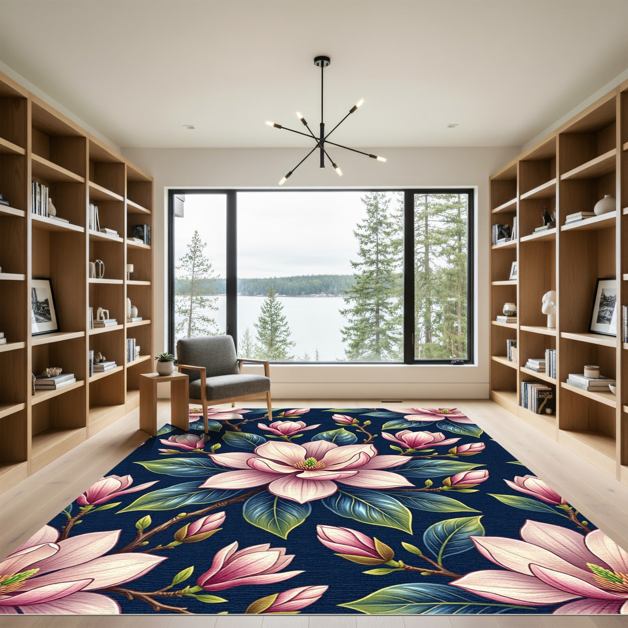 Elegant Pastel Magnolia on Navy Rug