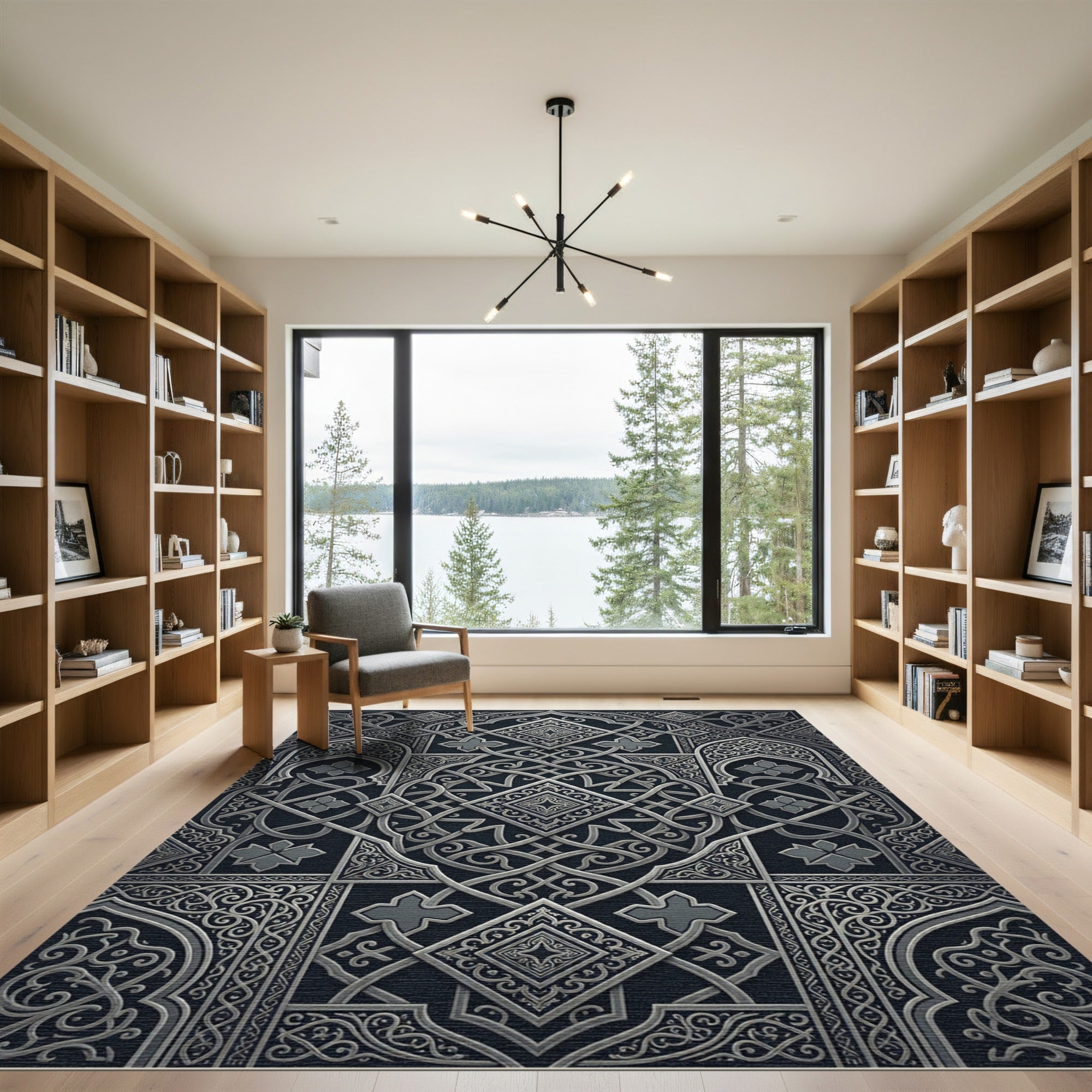 Silver Ornate Arabesque Interwoven Entwined Geometric Rug