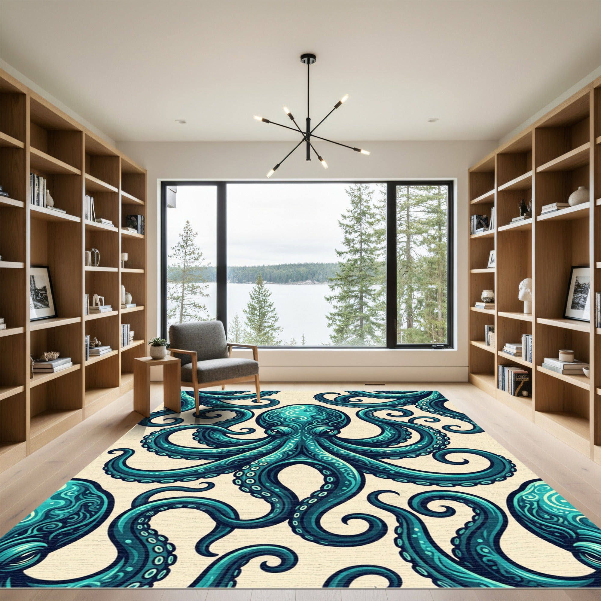 Intricate Teal Octopus Sea Creature Art Rug
