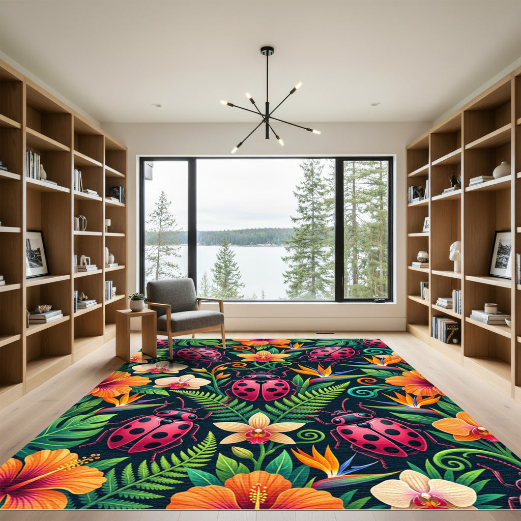Vibrant Ladybugs Tropical Orchid Jungle Rug