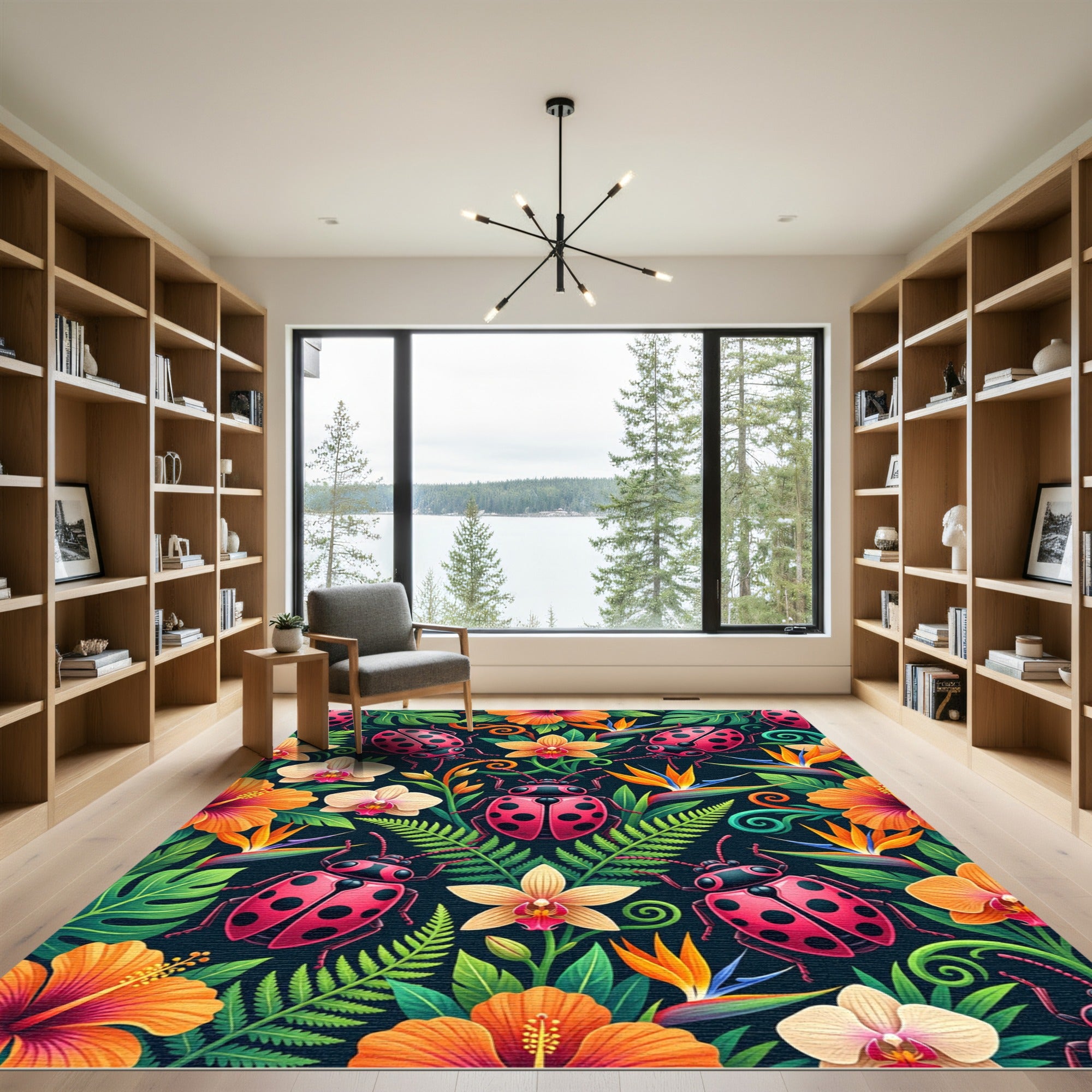 Vibrant Ladybugs Tropical Orchid Jungle Rug