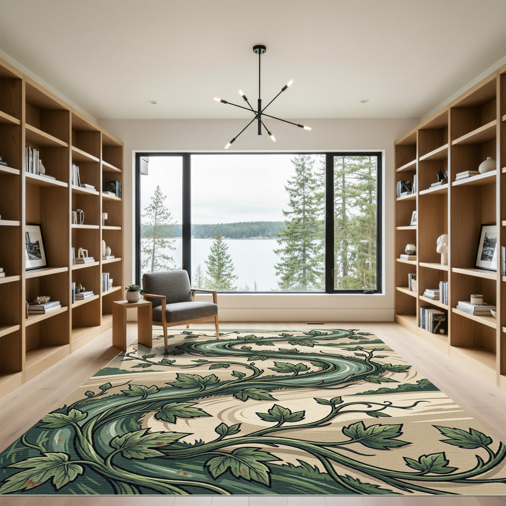 Sage Green Whimsical Botanical Vine Swirl Rug