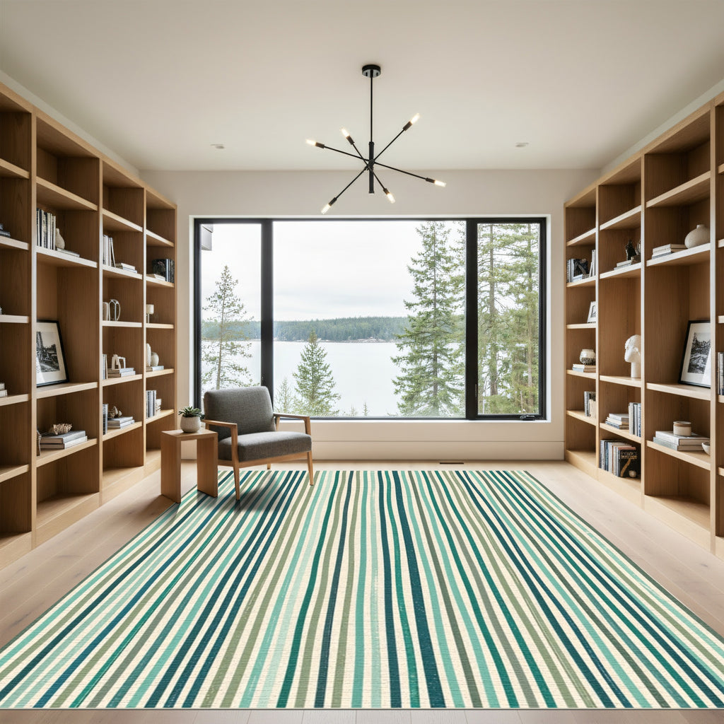 Coastal Emerald and Sage Striped Wallcovering Rug