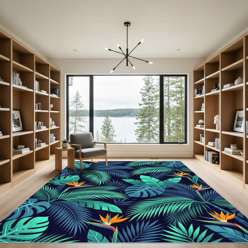 Lush Tropical Green Palm Leaf Bird of Paradise Rug
