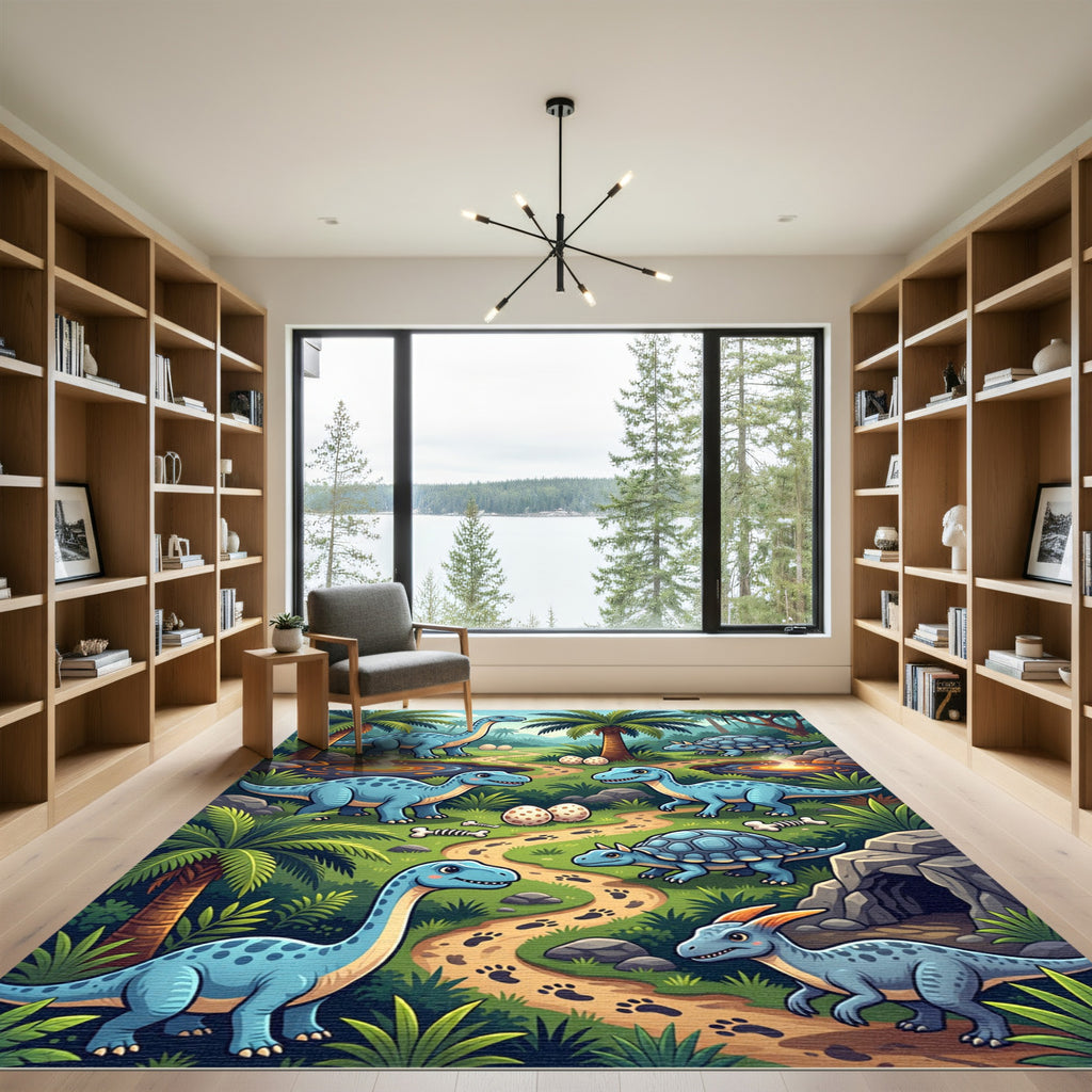 Whimsical Blue Dinosaur Prehistoric Tropical Jungle Rug