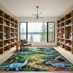 Whimsical Blue Dinosaur Prehistoric Tropical Jungle Rug