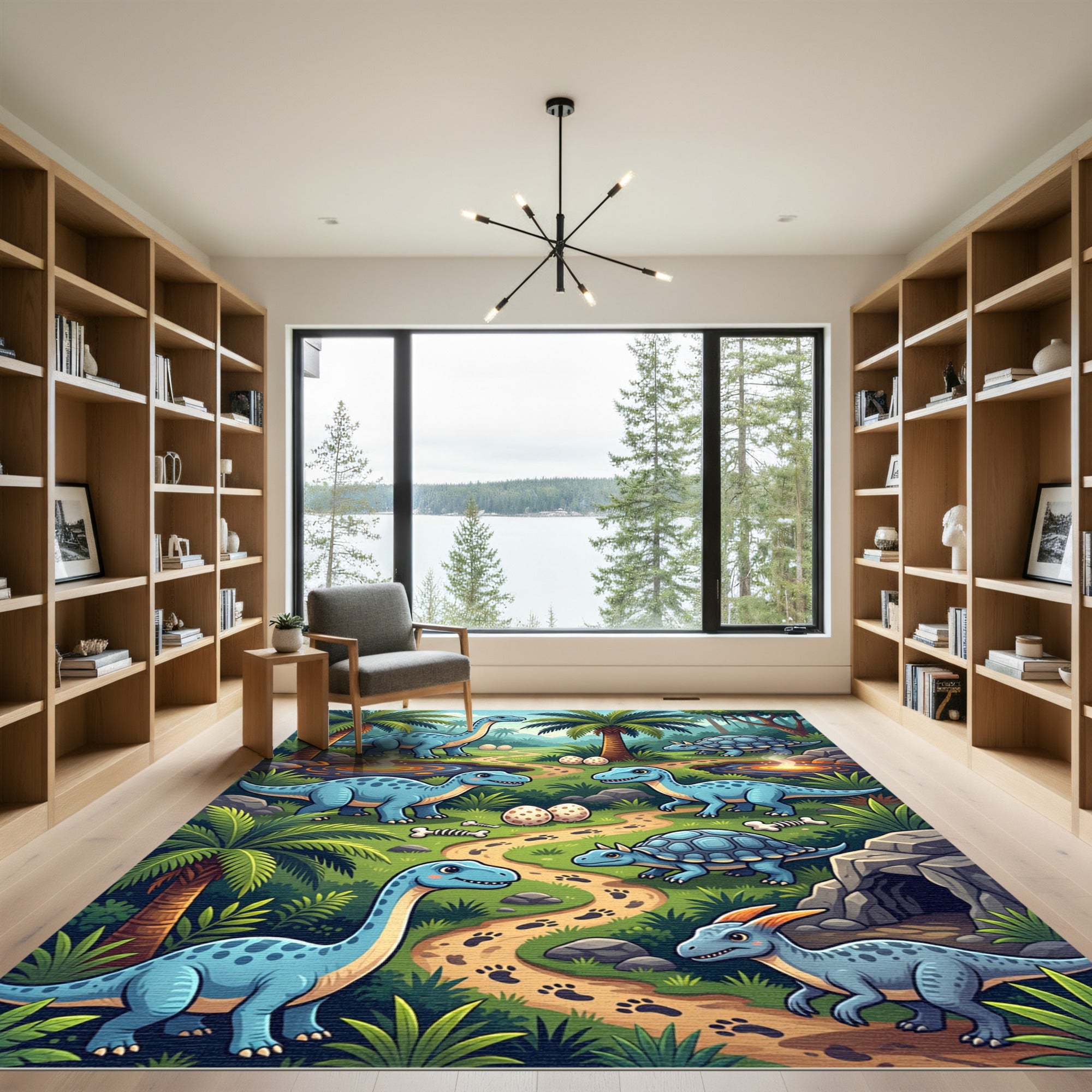 Whimsical Blue Dinosaur Prehistoric Tropical Jungle Rug