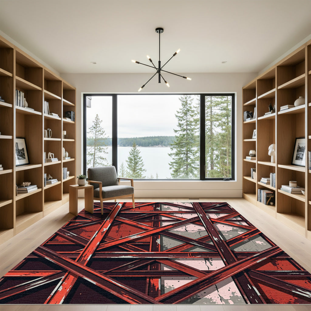 Crimson Industrial Scaffolding Abstraction Rug