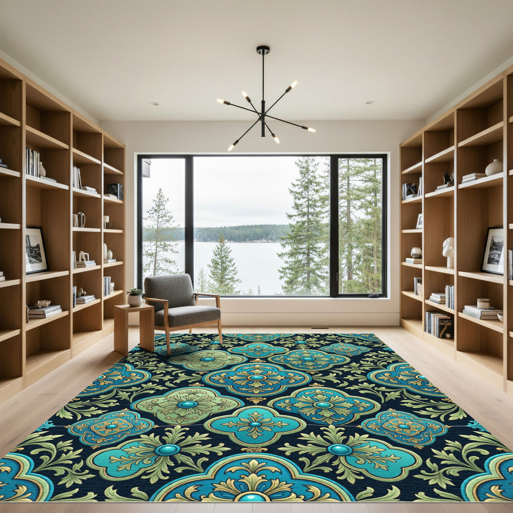 Teal Gold Arabesque Floral Medallions Rug