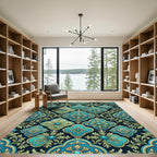Teal Gold Arabesque Floral Medallions Rug