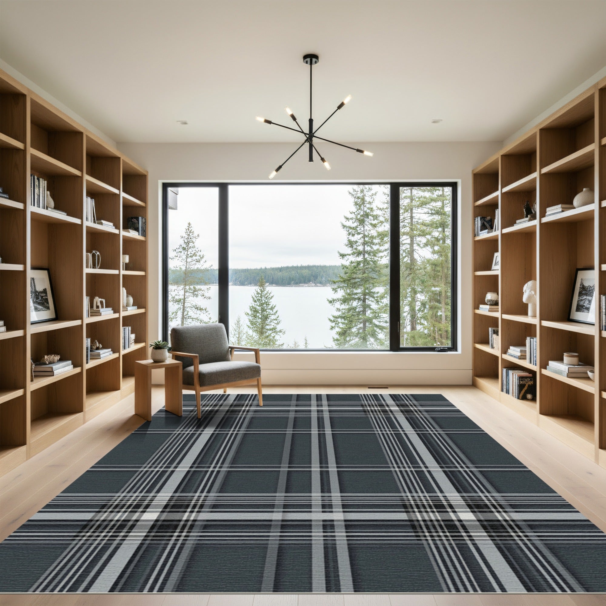 Charcoal Gray White Checked Overlay Rug