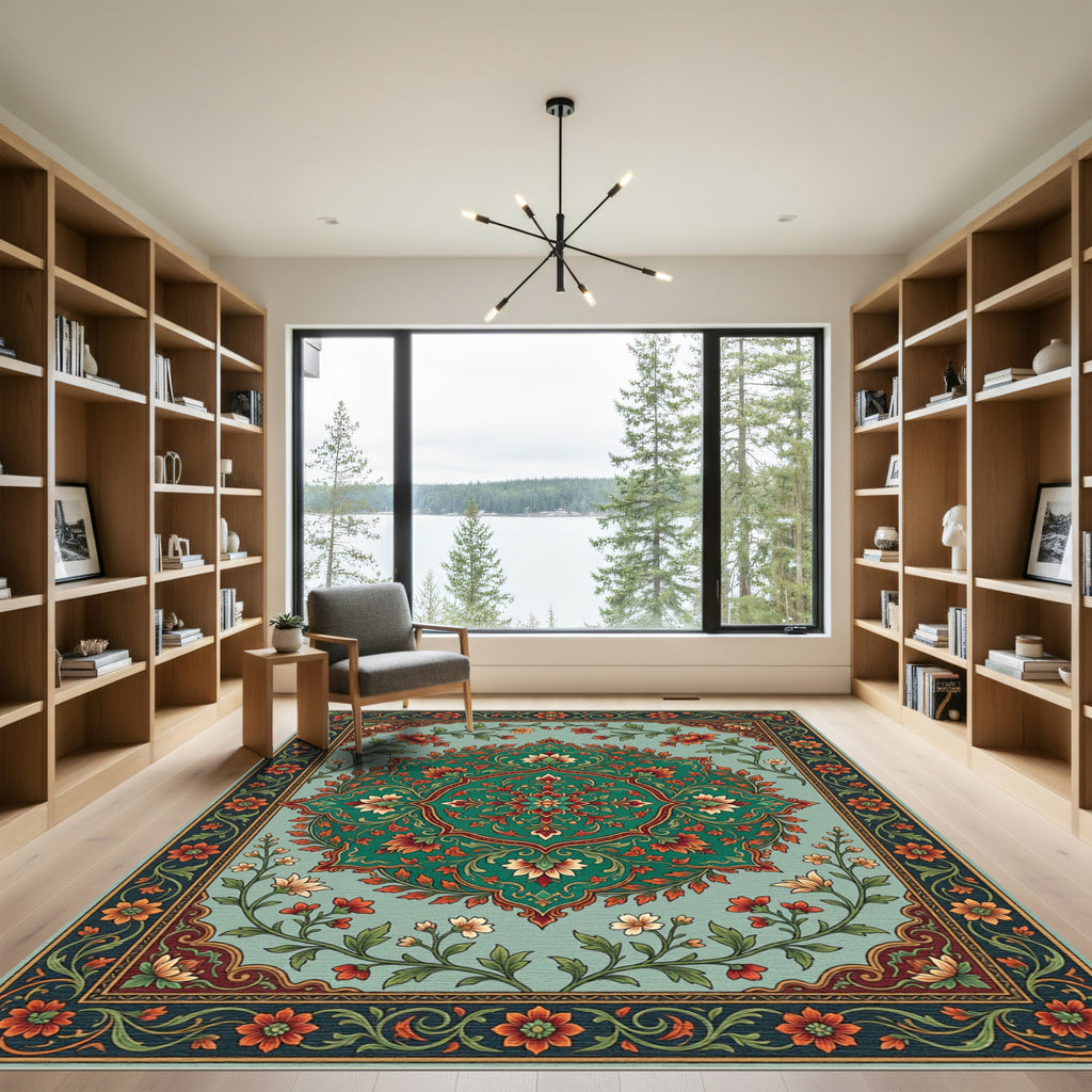 Ornate Teal Floral Medallion Rug