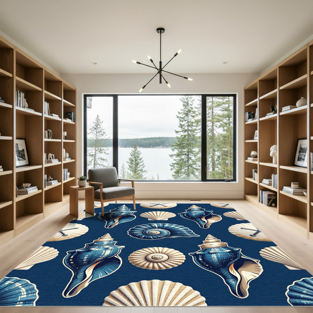 Coastal Navy Sea Shell Ocean Art Rug