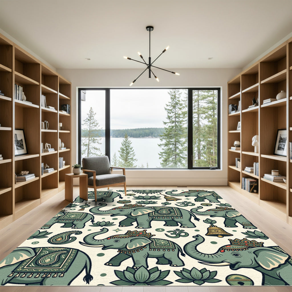 Sage Green Elephant Lotus Boho Illustration Rug