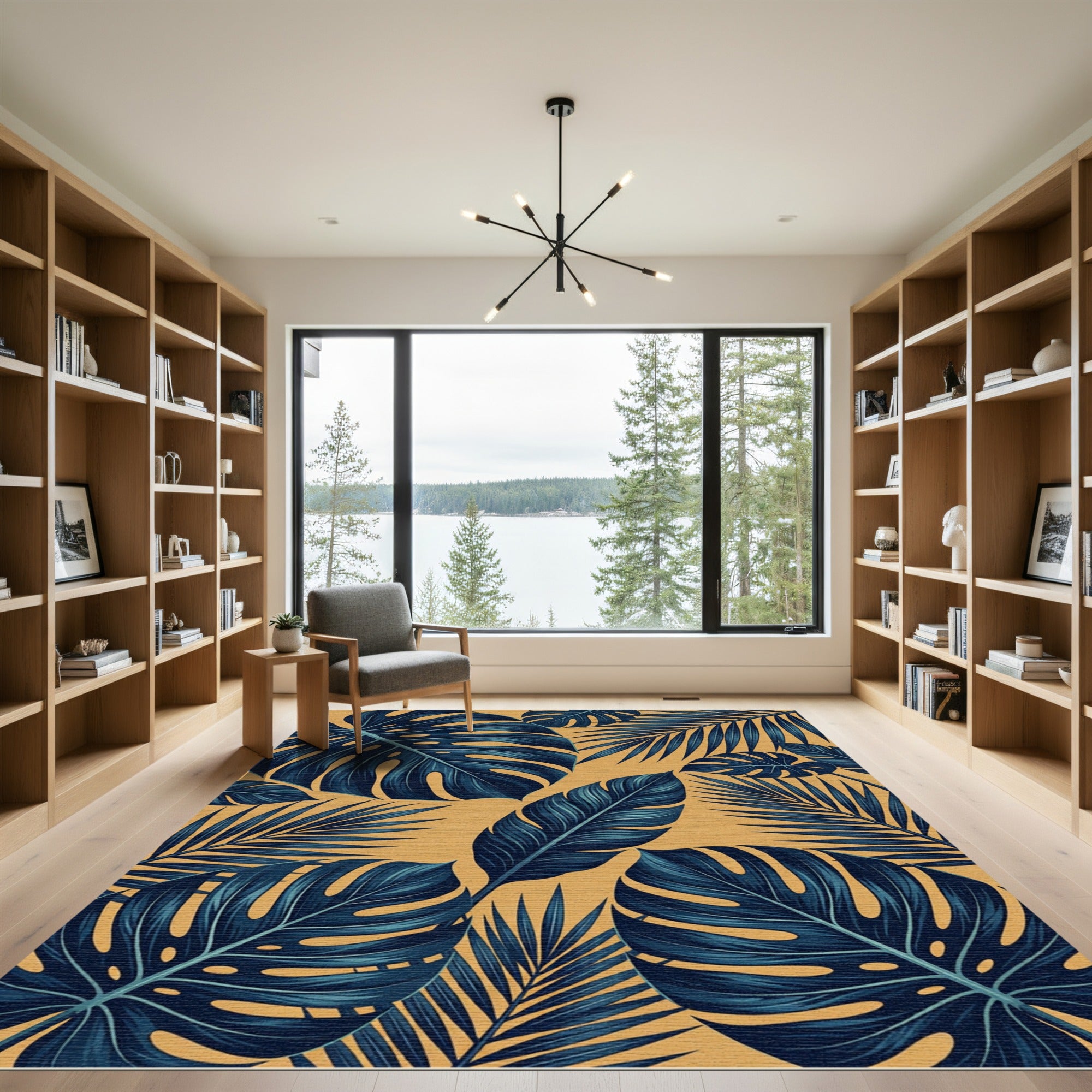 Lush Navy Tropical Foliage Amber Background Rug