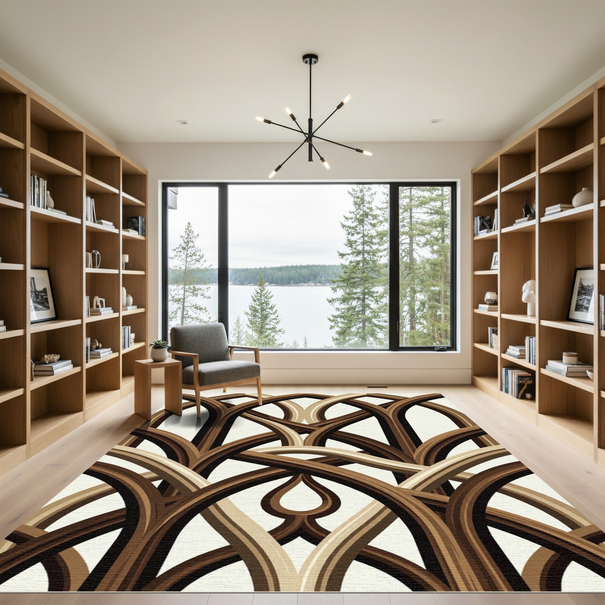 Elegant Arching Wood Grain Scrollwork Rug