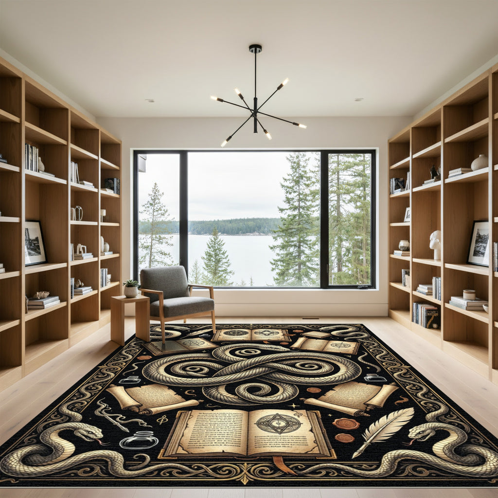 Occult Serpent Gold and Black Art Rug