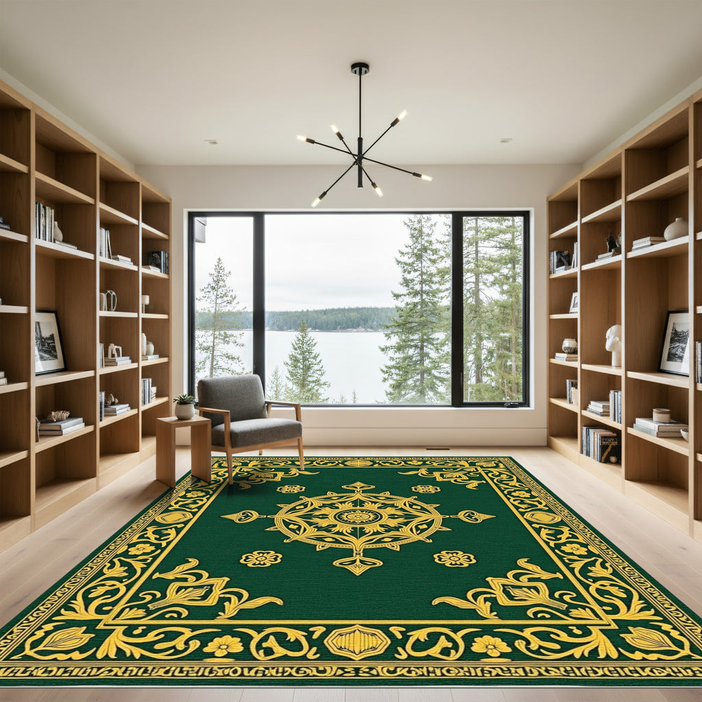 Emerald Gold Ornate Medallion Border Rug