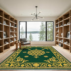 Emerald Gold Ornate Medallion Border Rug
