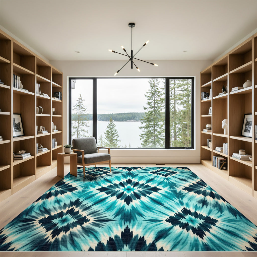 Teal Abstract Diamond Burst Rug