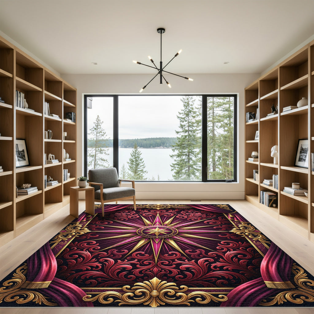Opulent Crimson Gold Radiant Star Tapestry Rug