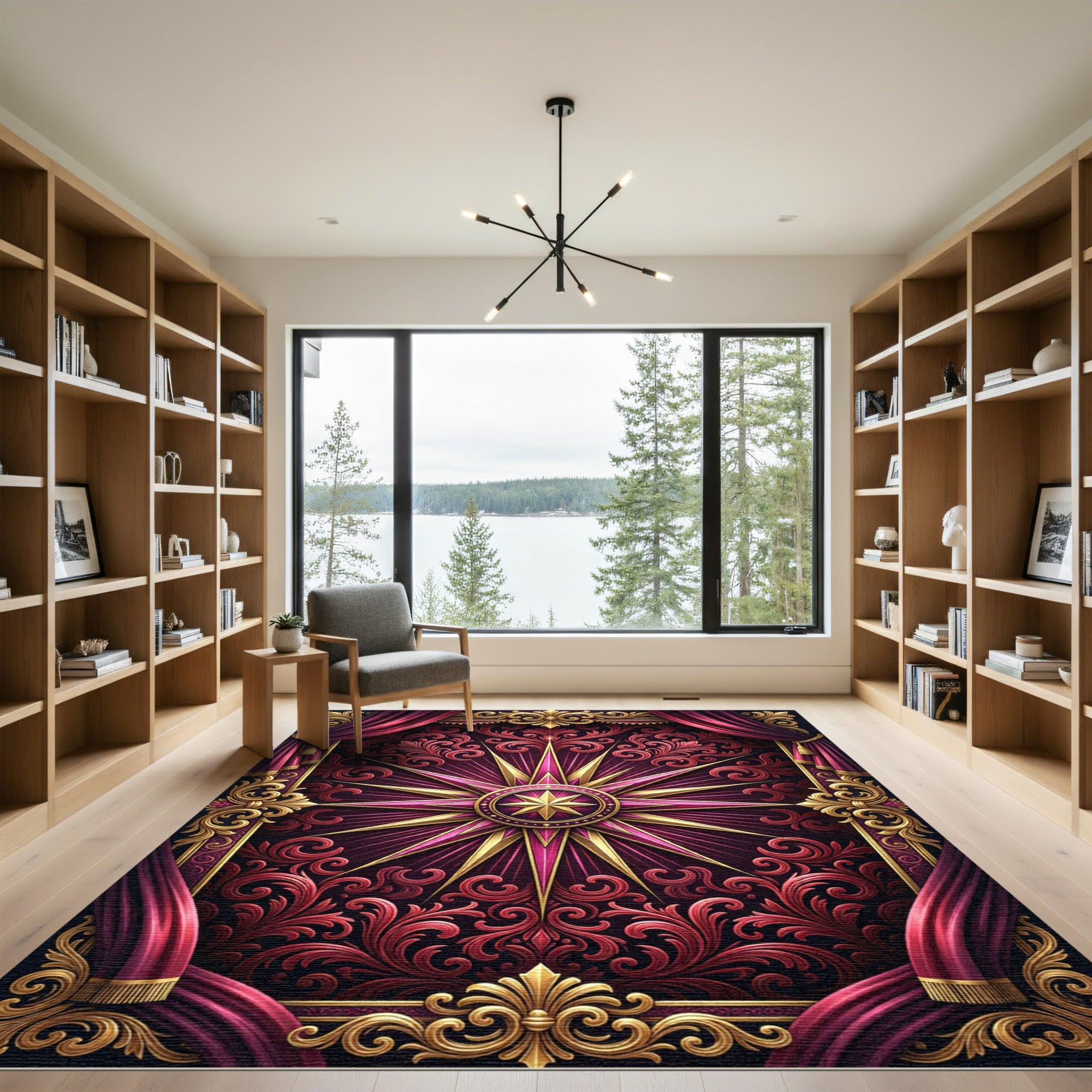Opulent Crimson Gold Radiant Star Tapestry Rug