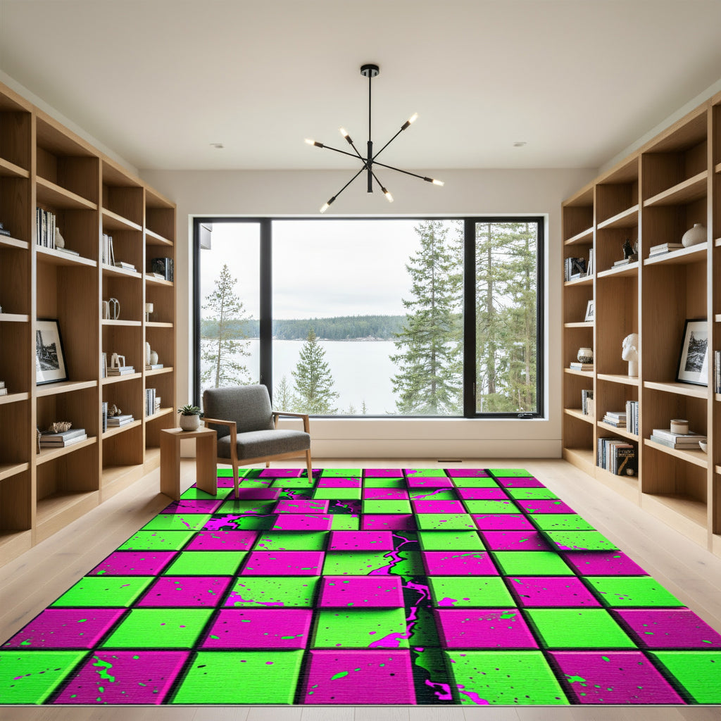 Neon Splatter Lime and Raspberry Cubes Rug