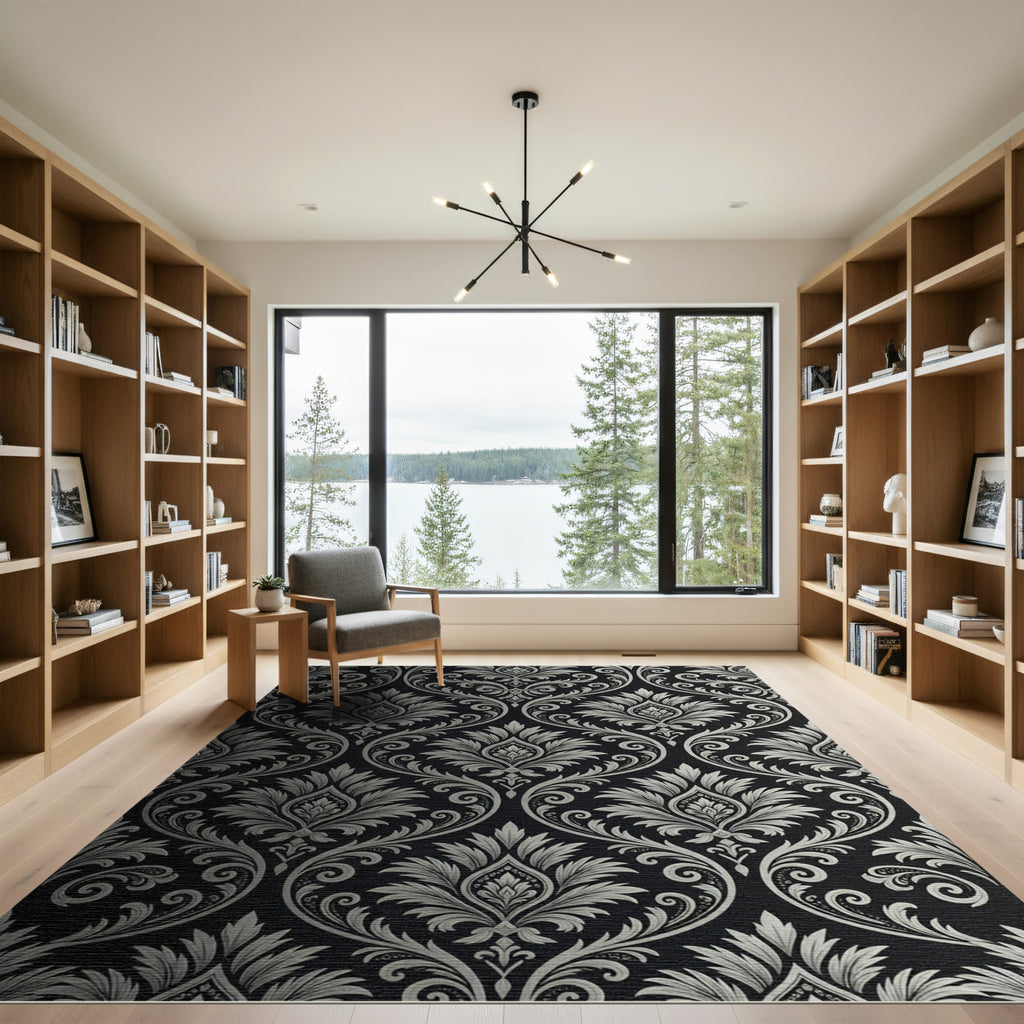 Elegant Silver Damask Charcoal Monochrome Rug