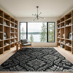 Elegant Silver Damask Charcoal Monochrome Rug