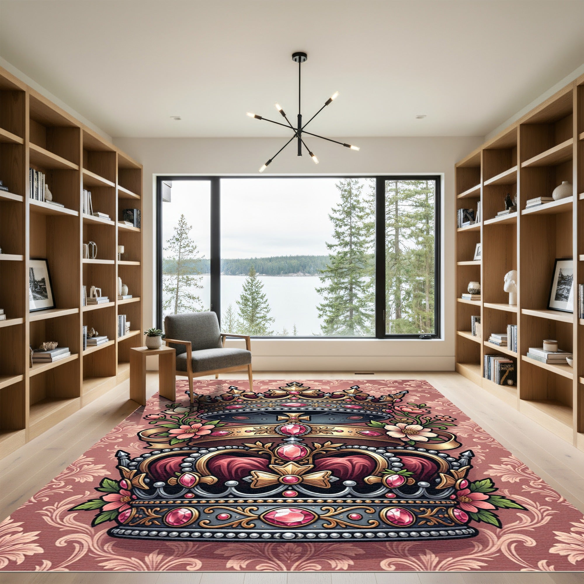 Rose Gold Crown Jeweled Floral Medallion Rug
