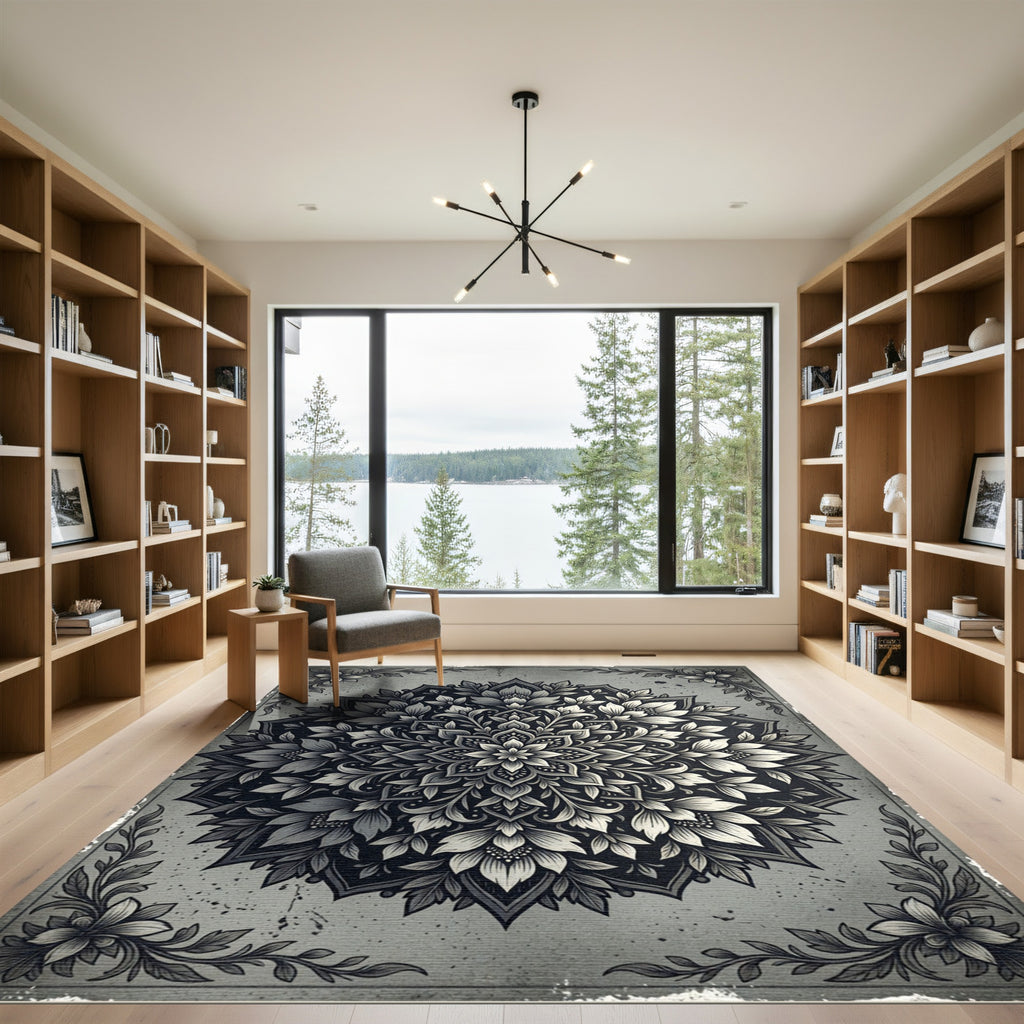 Ornate Gray Ink Floral Mandala Rug
