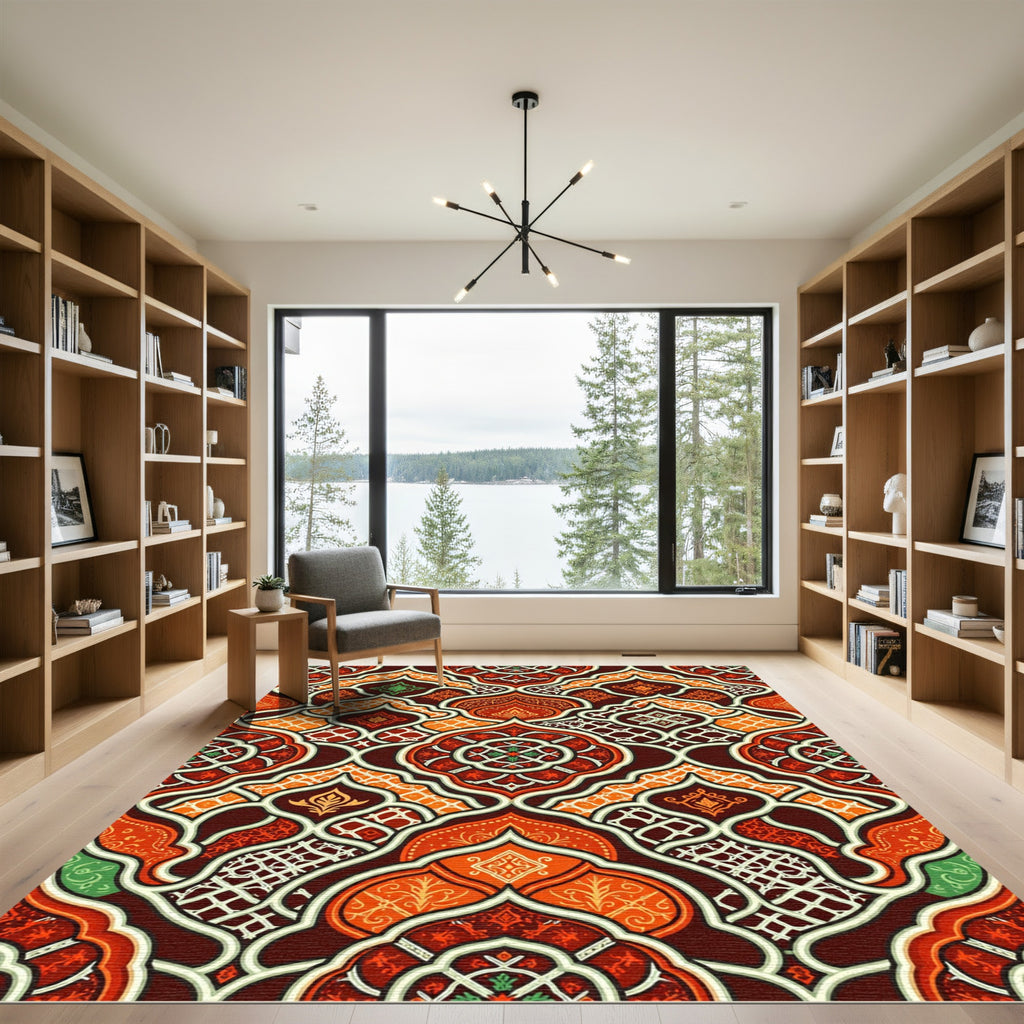 Ornate Crimson Orange Geometric Lattice Rug