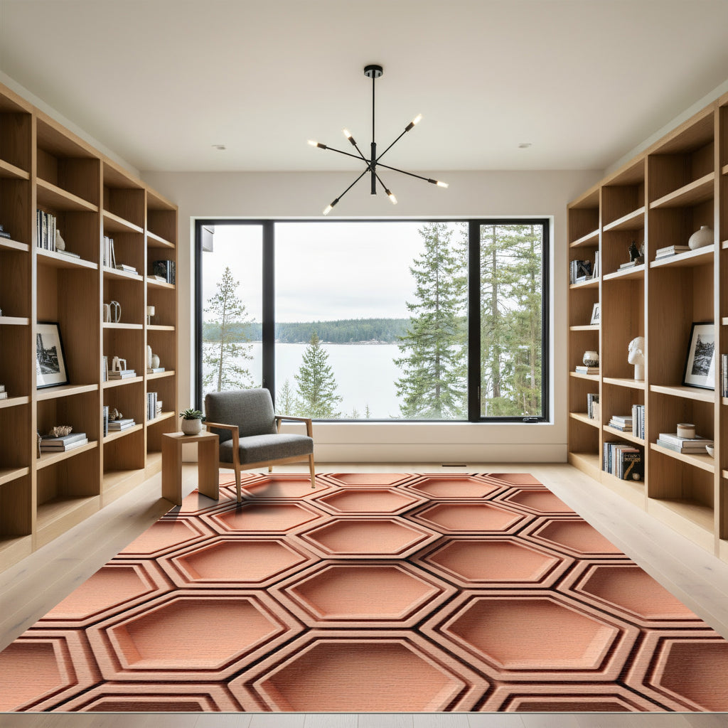 Peach Hexagon Layered Geometric Relief Rug