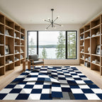 Navy and White Wavy Checkered Graphic Rug