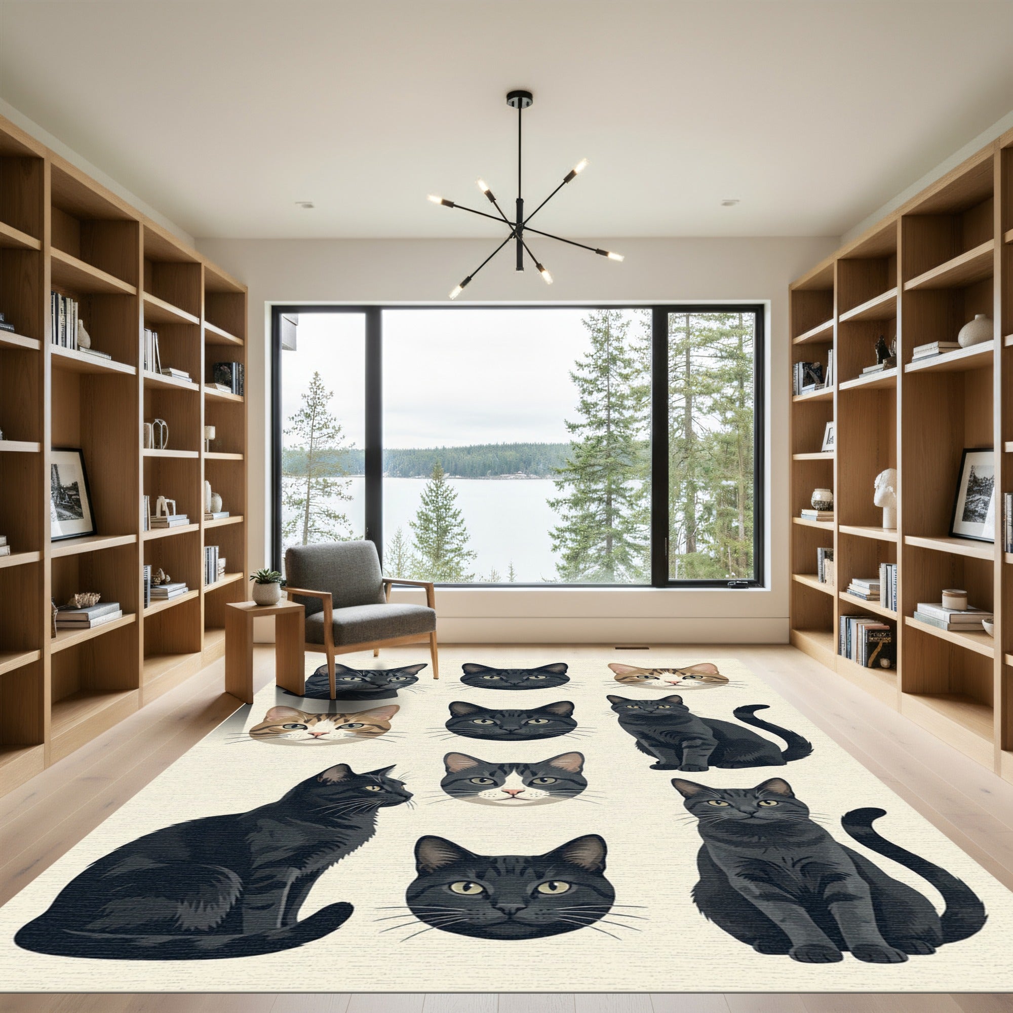 Captivating Charcoal and Brown Feline Faces Rug
