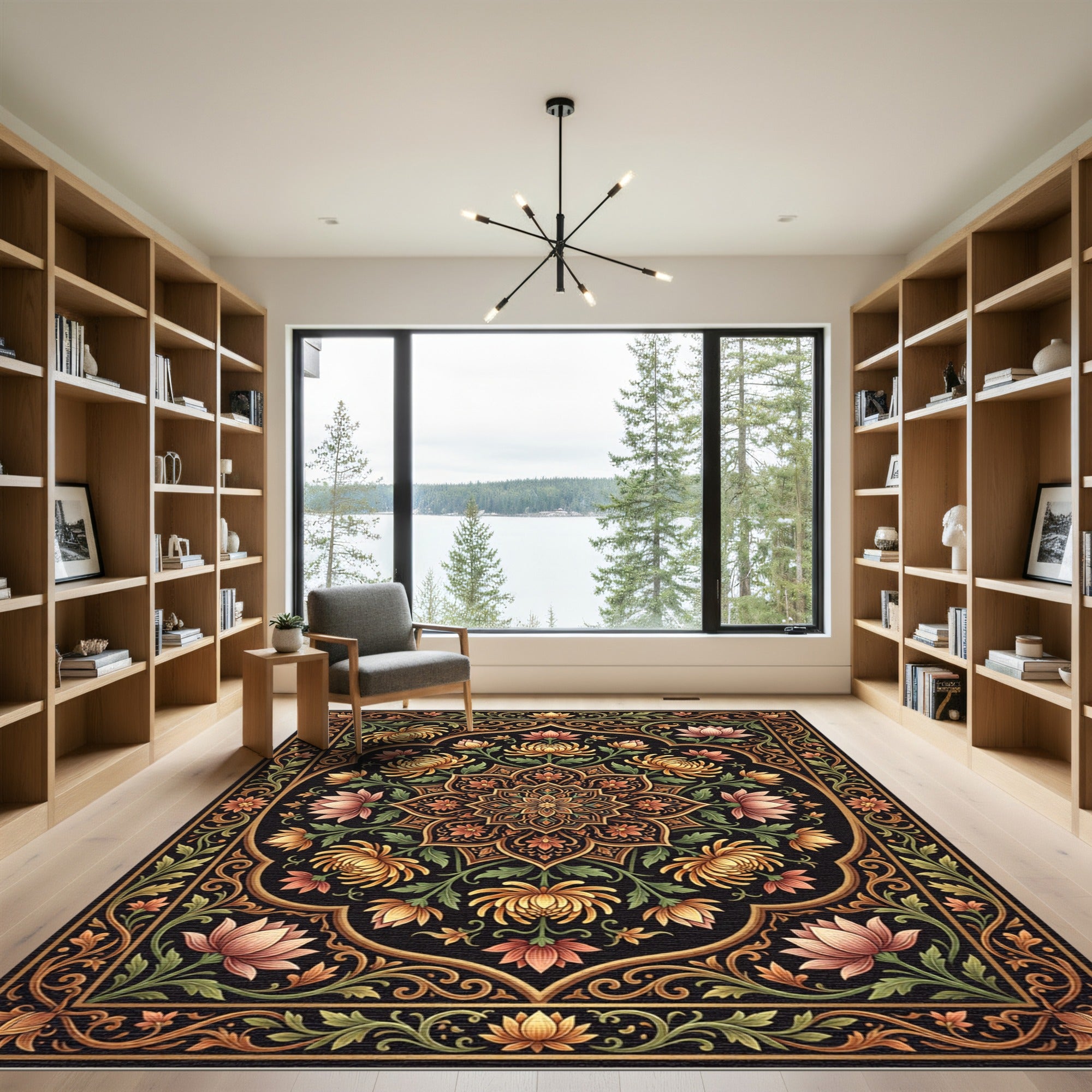 Elegant Golden Lotus Floral Medallion Rug