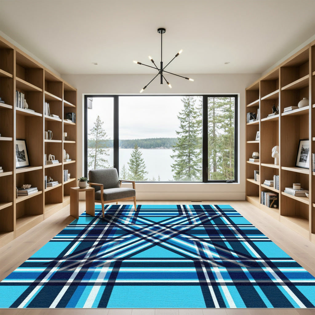 Bold Blue Intersecting Plaid Rug