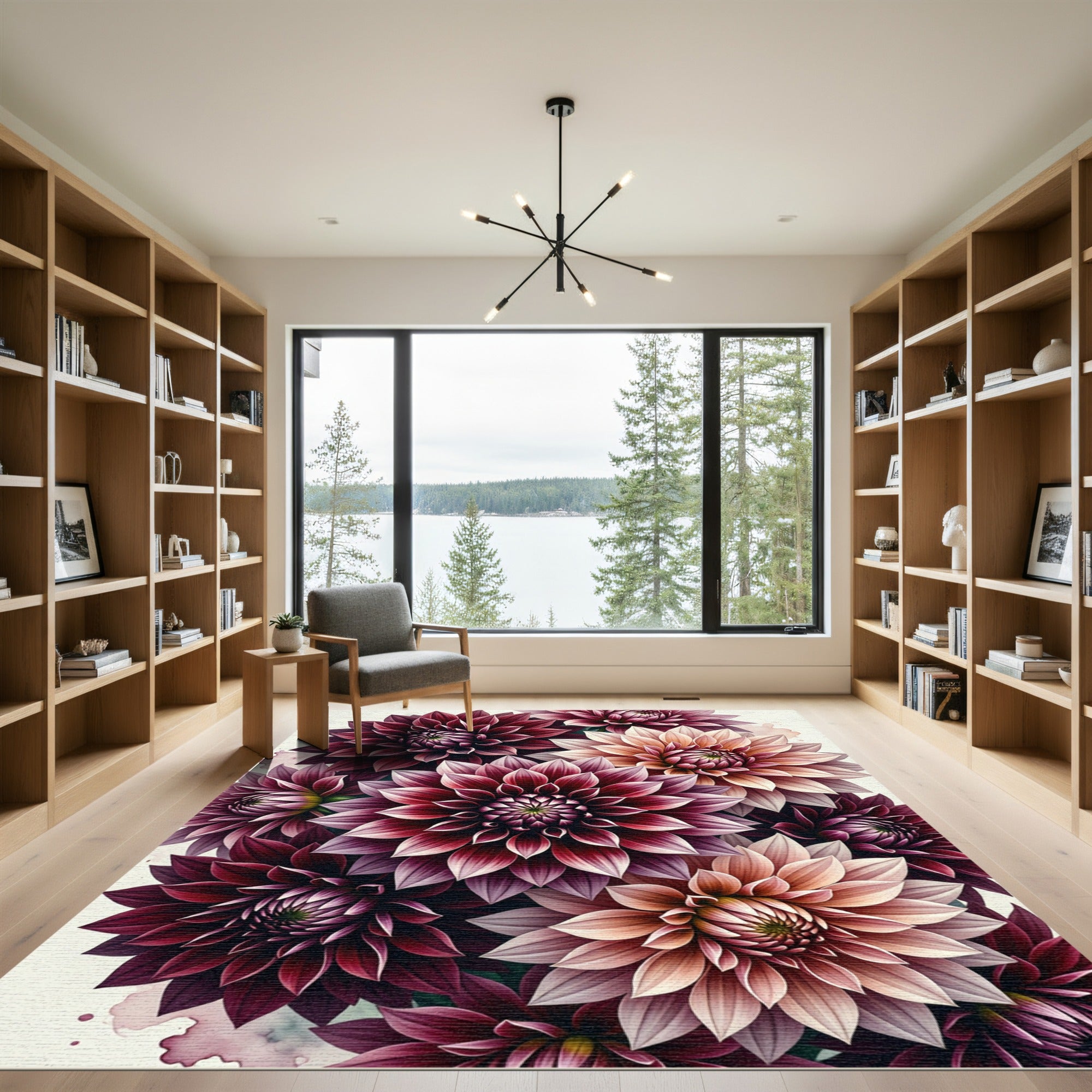 Rich Burgundy Peach Dahlia Bouquet Rug